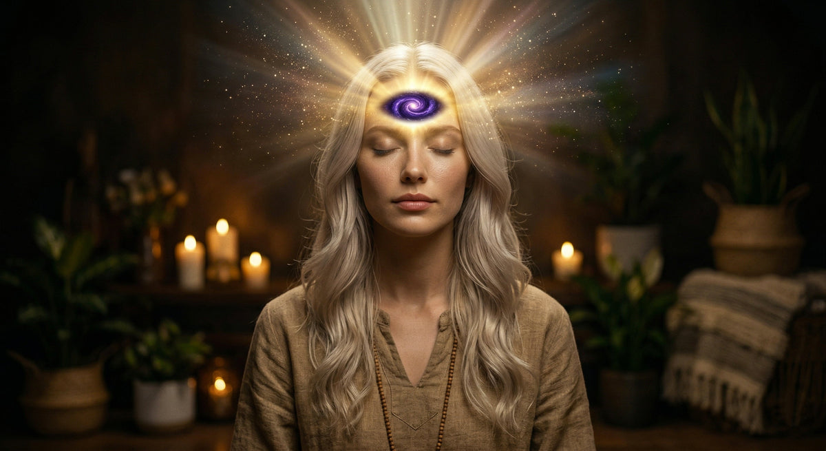 Représentation de l'éveil du chakra Ajna et de l'activation du troisième œil chez une femme en méditation profonde.