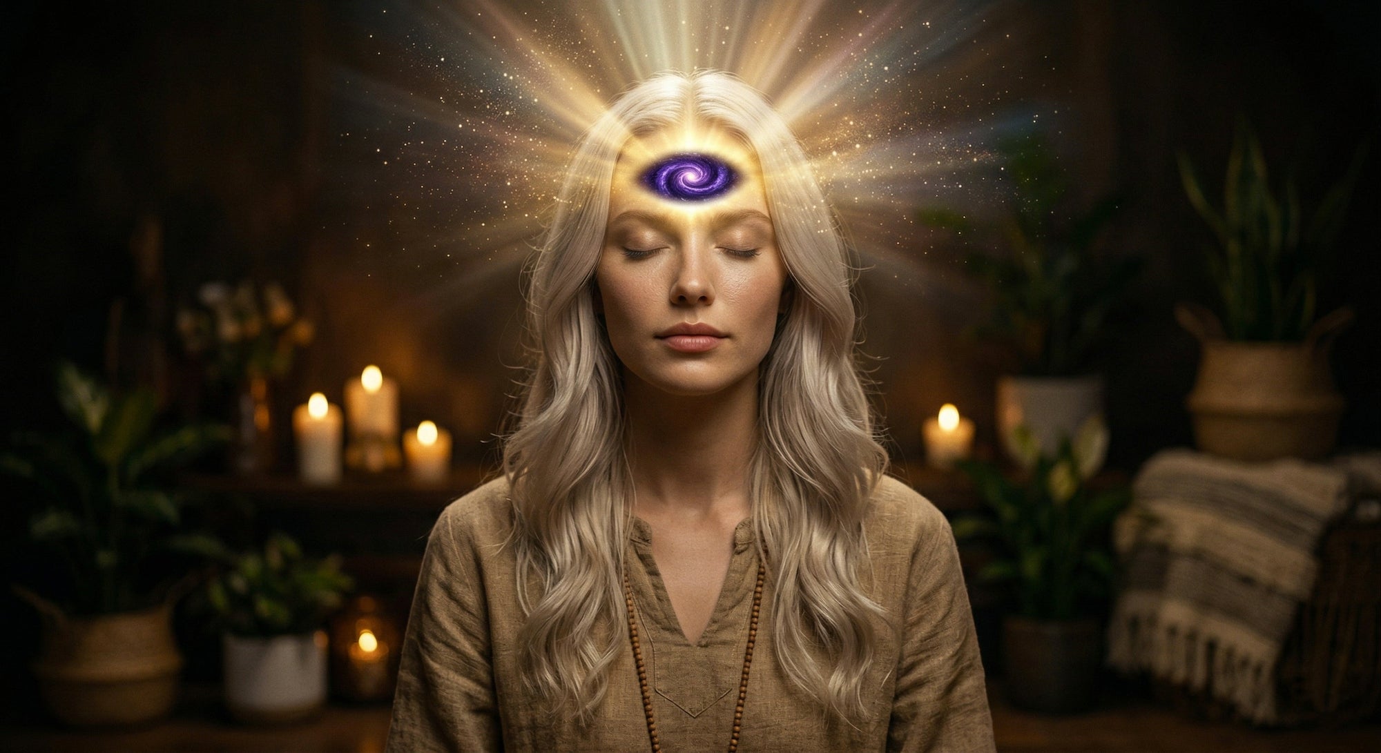 Représentation de l'éveil du chakra Ajna et de l'activation du troisième œil chez une femme en méditation profonde.