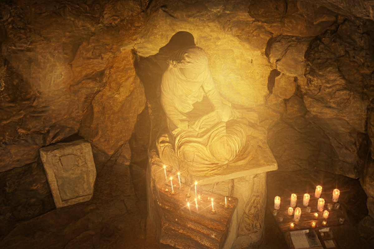 Anne Amadéa – L'Ordre des Magdalas : sculpture sacrée dans une grotte illuminée par des bougies, évoquant la lignée des Magdalas et le féminin sacré – Atelier HEMERA.