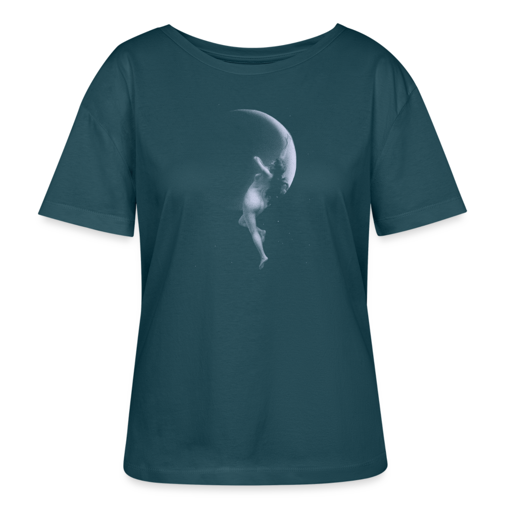 Féminin sacré Nymphe et lune imprimé sur un T-shirt femme bleu