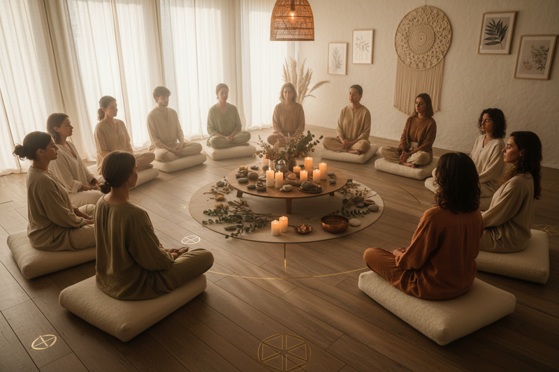 Cercle des Magdalas - personnes réunies en cercle sacré dans un espace de transmission spirituelle