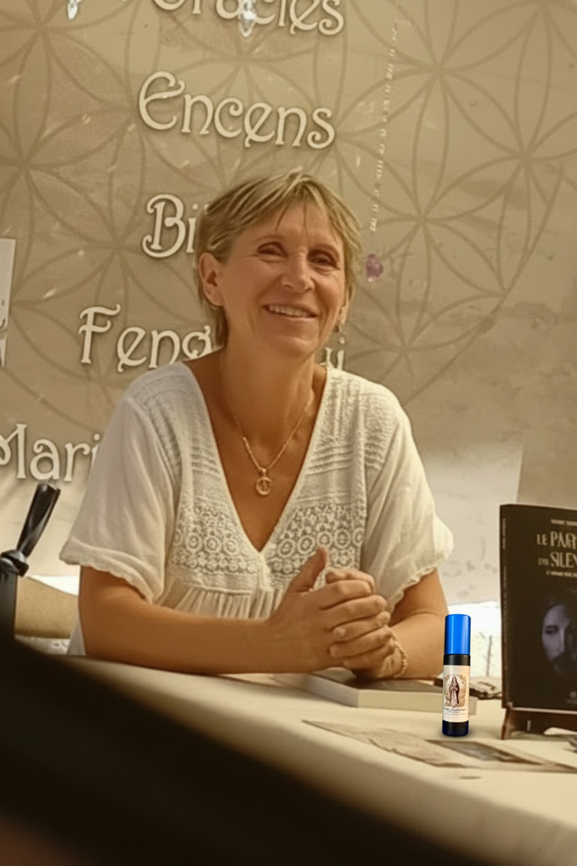 Anne Amadéa en séance de dédicace du Parfum du Silence — L'Ordre des Magdalas, devant la boutique La Voix des Anges, Saint-Maximin-la-Sainte-Baume"