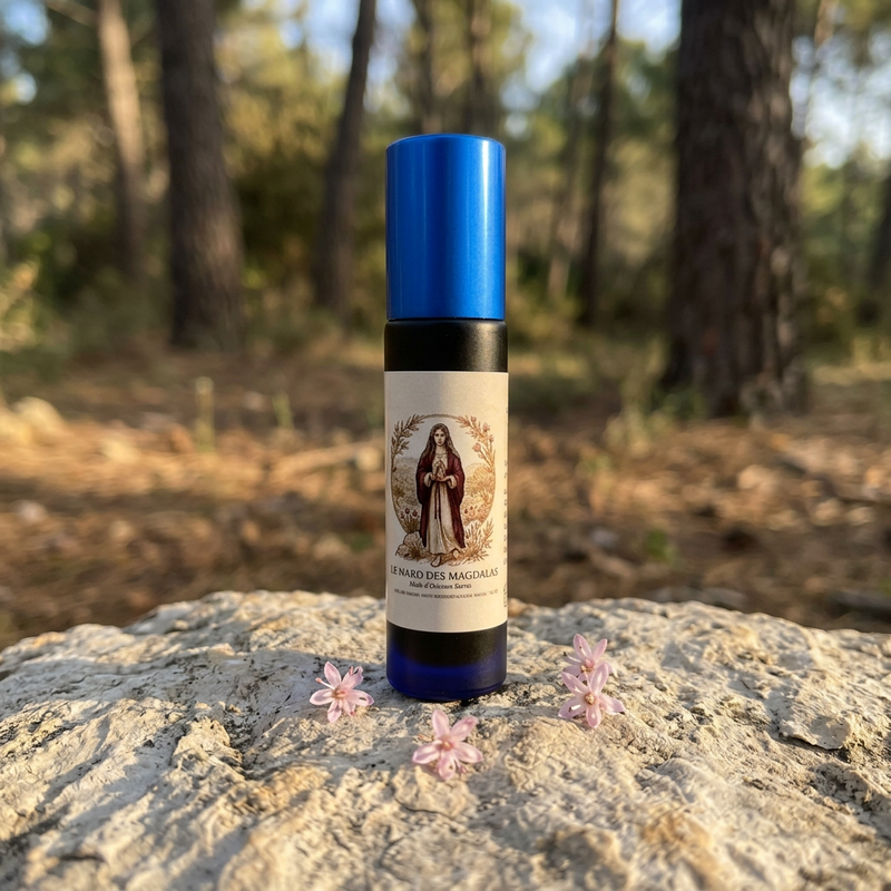 Flacon roll-on du Nard des Magdalas sur une pierre calcaire en forêt de pins de la Sainte-Baume, avec des fleurs de nard rose pâle