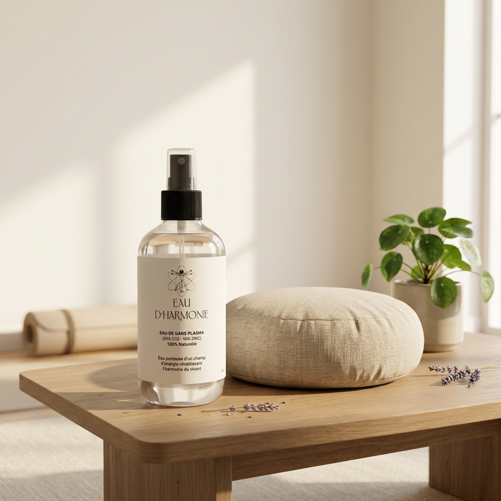 Spray Eau d'Harmonie posé dans un espace de méditation avec un coussin en lin beige et une plante, lumière douce