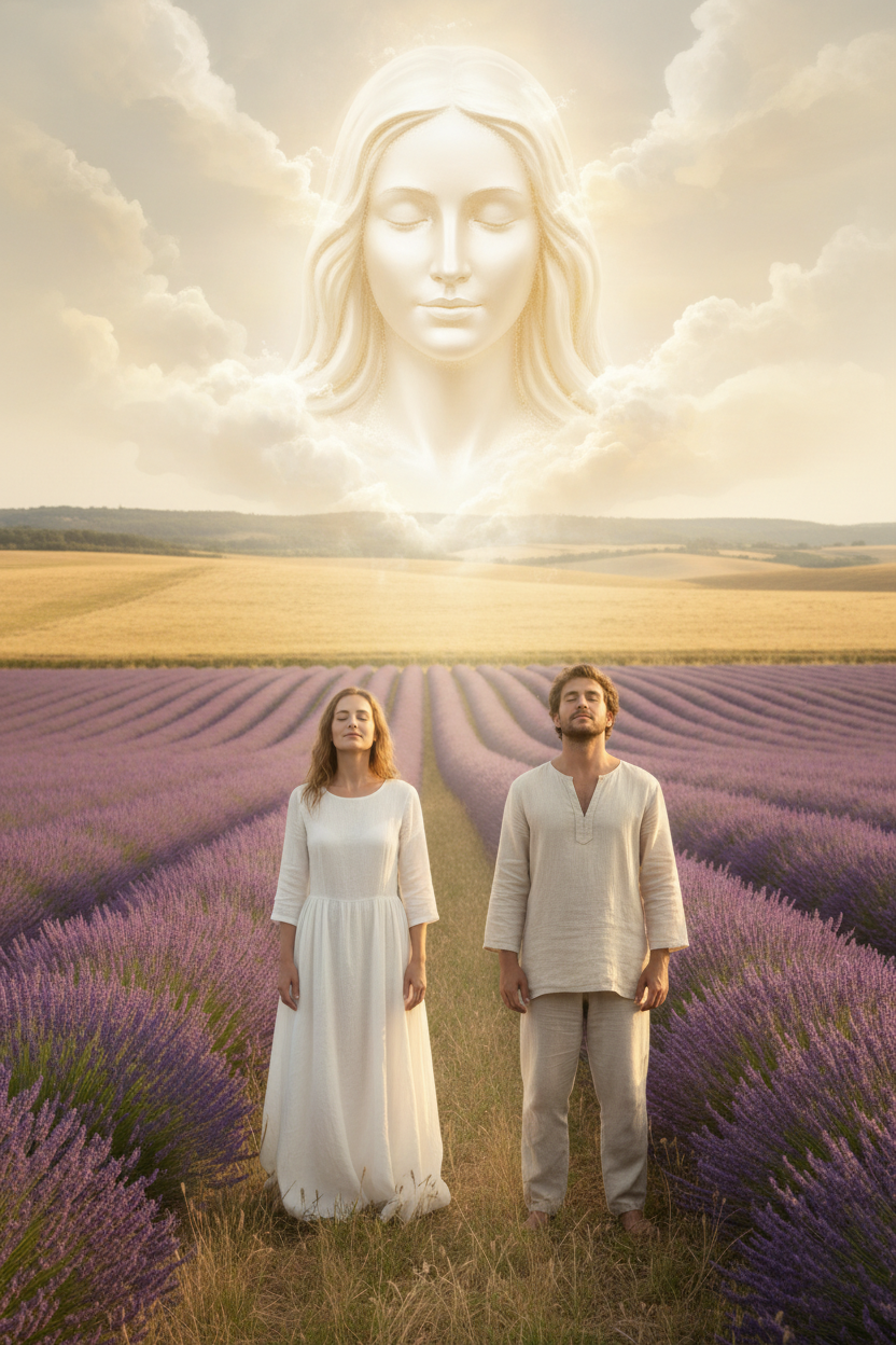Femme et homme dans les champs de lavande provençaux sous la présence divine de Marie Madeleine dans le ciel
