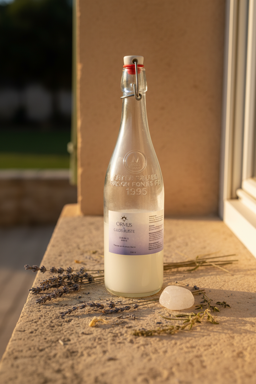 Bouteille d'Ormus Marin Haute Pureté sur pierre naturelle en Provence, entourée de lavande et quartz blanc